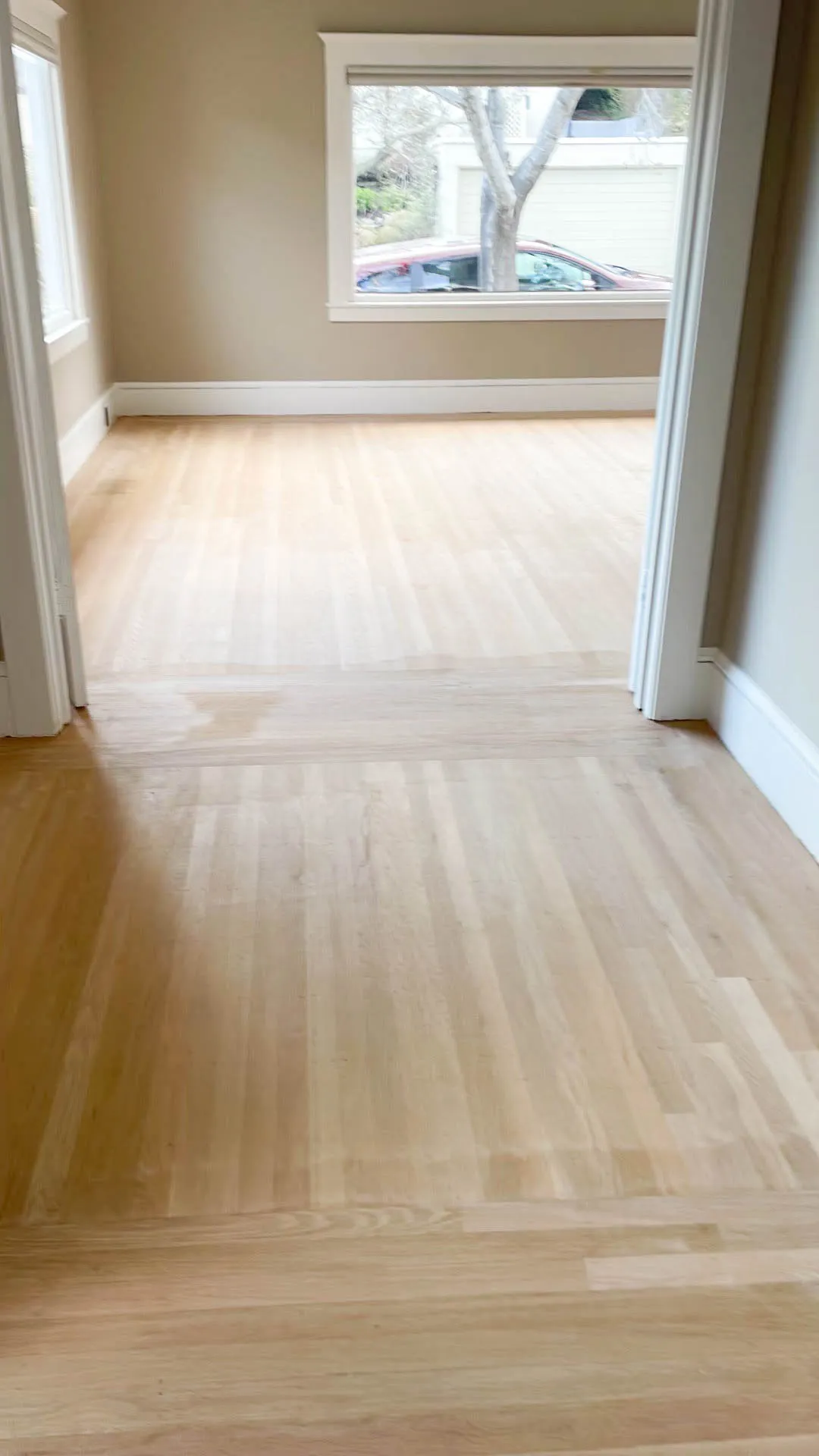 Picture of A look at a floor after sanding and before staining - Alva Flooring Inc.