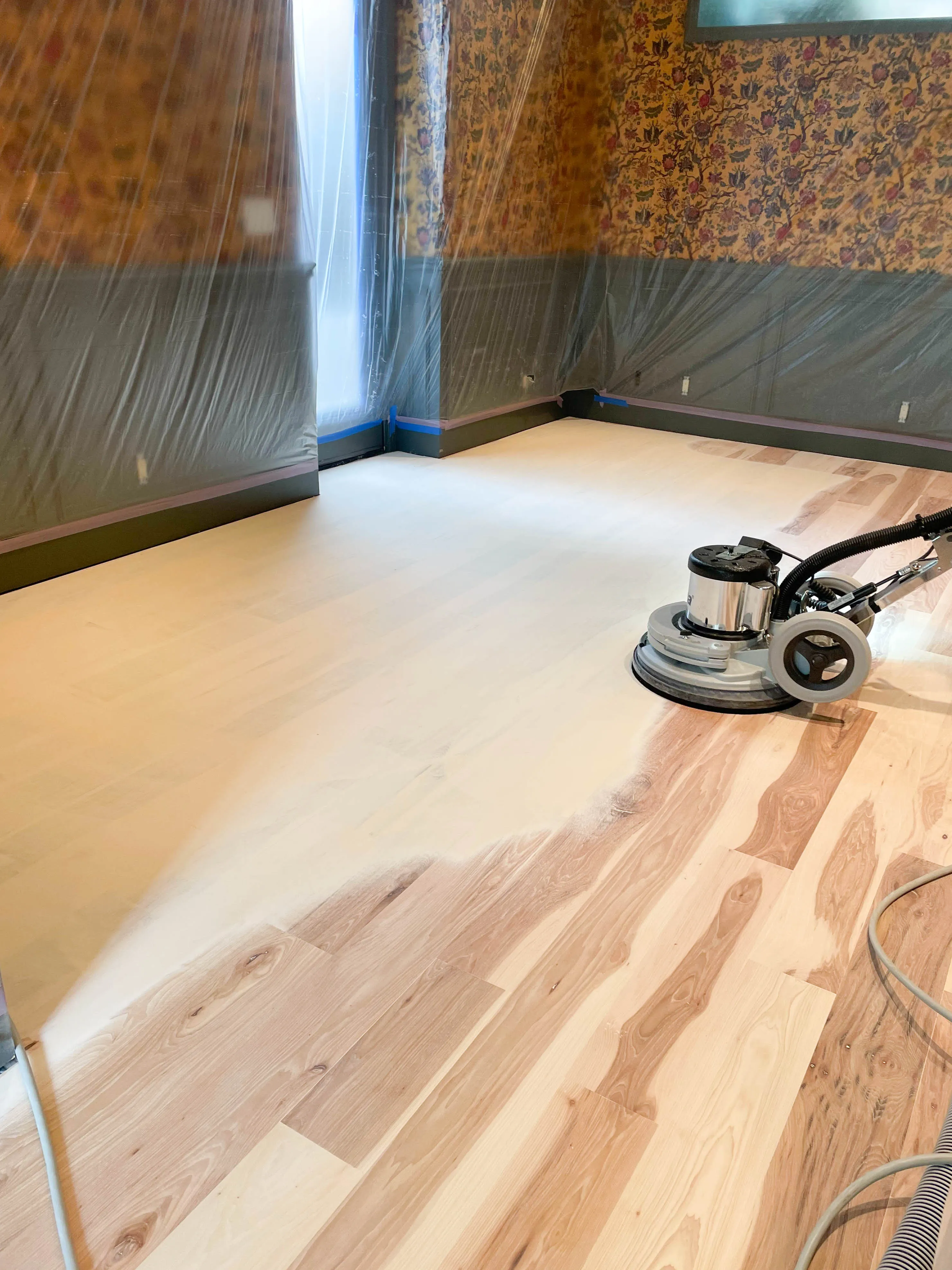 Picture of A look at an unfinished, solid rustic American hickory floor after sanding - Alva Flooring Inc.