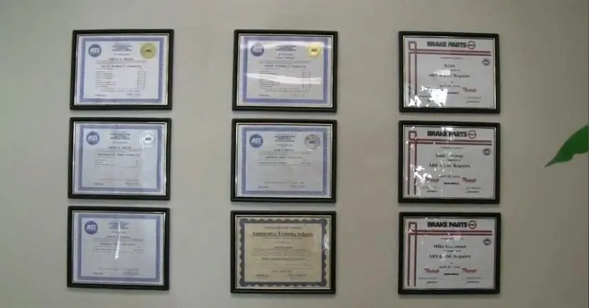 Picture of Dublin Car Tek displays its many industry certifications inside its shop. - Dublin Car Tek