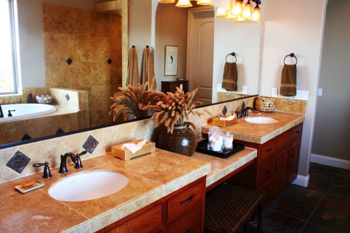 Picture of Peterson Tile installed this stone vanity in a master bathroom. - Peterson Tile