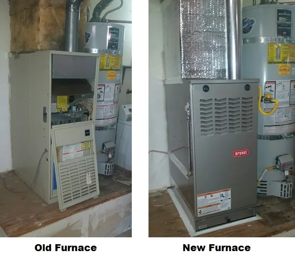 Picture of All Weather Heating & Air Conditioning replaced the old furnace on the left with the new Bryant high-efficiency furnace on the right. - All Weather Heating & Air Conditioning Inc.