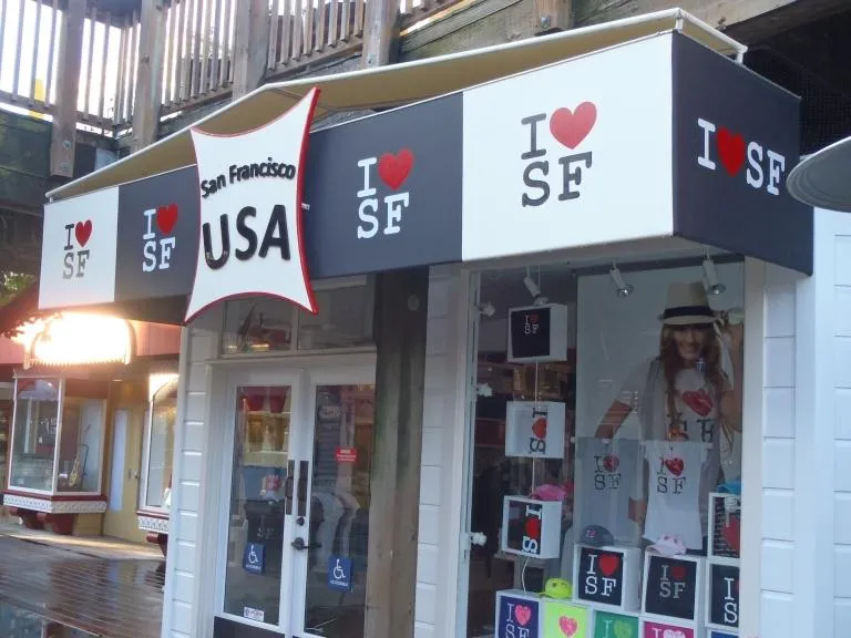 Picture of A fixed awning with 3-D graphics on a store in San Francisco's Pier 39 area - Acme Sunshades Enterprise Inc.