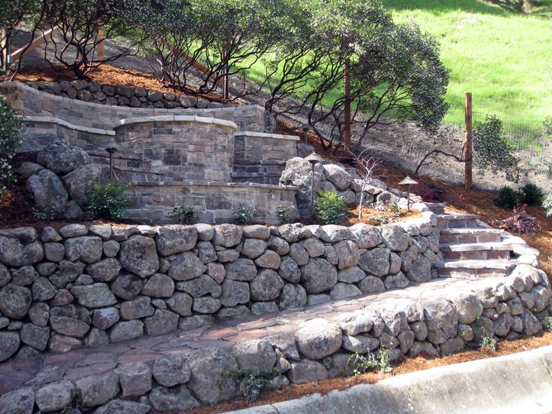 Picture of A fire pit and sitting area (including a dry stack wall and flagstone steps) in Danville - Dana Lund Landscaping, LLC