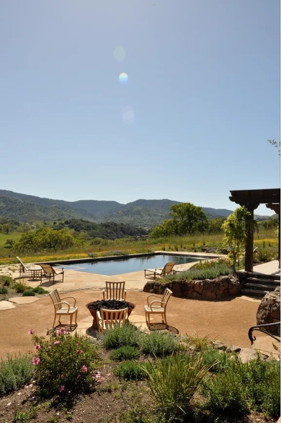 Picture of A meadow in bloom provides a colorful backdrop for this backyard swimming pool integrated spa and natural flagstone pool deck. - Jerry Allison Landscaping, Inc.